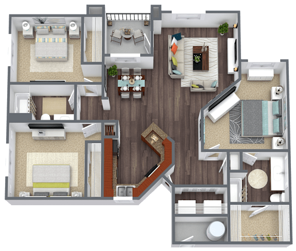 Floor Plan  A detailed 3D floor plan of a two-story residential apartment.