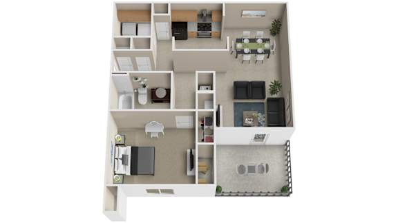 Floor Plan  A floor plan of a house with a kitchen, living room, dining room, and bathroom.