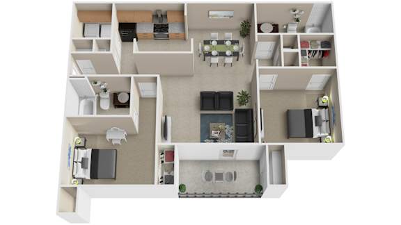 Floor Plan  A top-down view of a house layout with a kitchen, living room, dining room, and bedrooms.