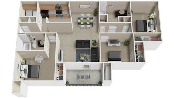 Floor Plan  A 3D floor plan of a house with multiple rooms.