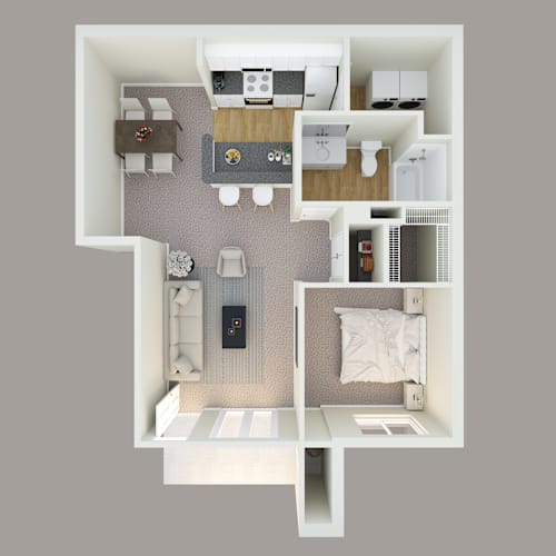 Floor Plan  A top-down view of a small apartment with a kitchen, living room, and bedroom.