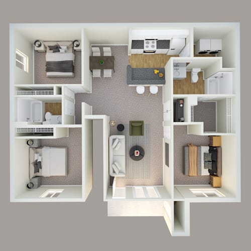 Floor Plan  A 3D floor plan of a house showing the layout of the rooms.