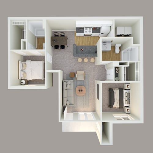 Floor Plan  A 3D floor plan of a small apartment with a bedroom, living room, and kitchen.
