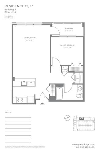 Floor Plan  P2 - 1BR 1BA (750 SF) Floor Plan at Pier Village Apartments, Long Branch, NJ, 07740