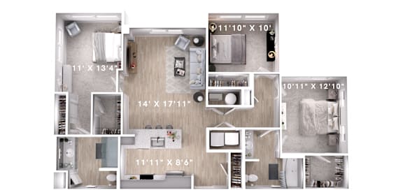 Floor Plan  3 bed 2 bath at Lumen Apartments, Hampton, VA