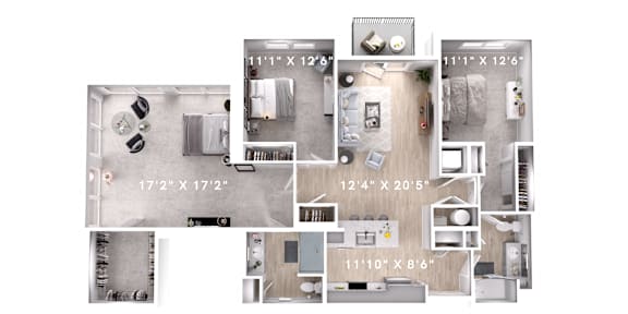 Floor Plan  3 bed 2 bath A at Lumen Apartments, Hampton, 23666