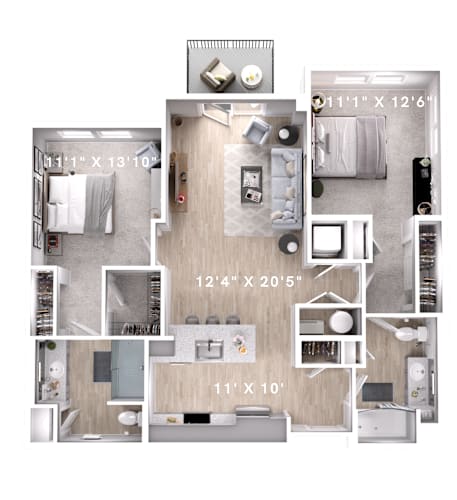 Floor Plan  2 bed 2 bath A at Lumen Apartments, Hampton, VA, 23666