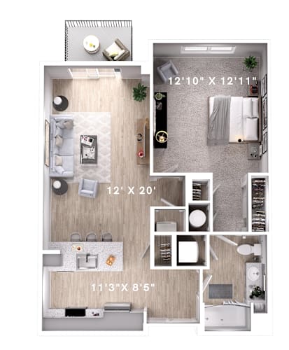 Floor Plan  1 bed 1 bath B at Lumen Apartments, Hampton, Virginia