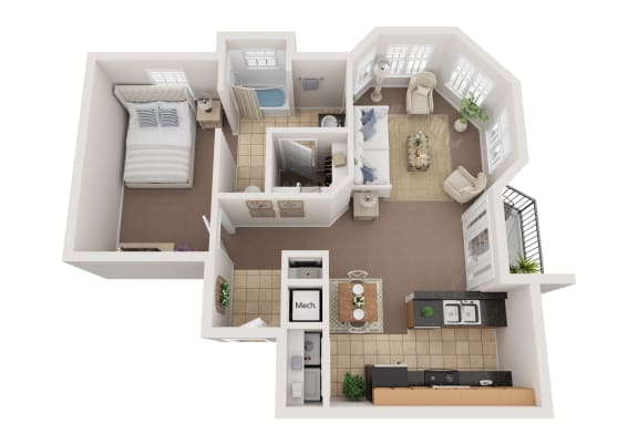 Floor Plan  1 bed 1 bath B at Villaggio, Bossier City, 71111