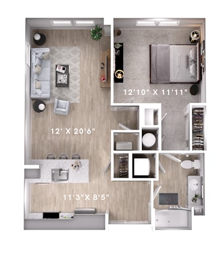 Floor Plan  1 bed 1 bath A at Lumen Apartments, Hampton, 23666