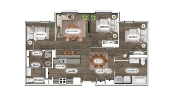 Floor Plan  a floor plan of a house with furniture and a wooden floor