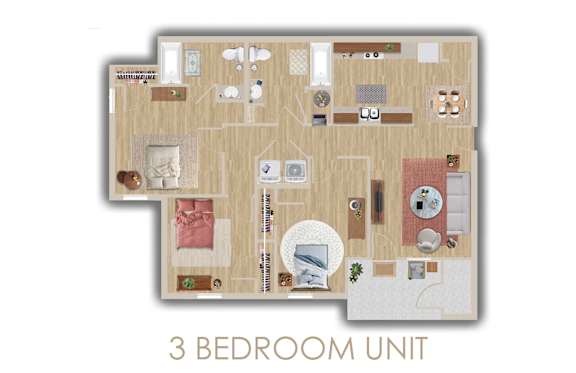 Floor Plan  A 3 bedroom unit is shown in the image.
