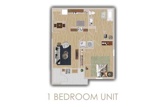 Floor Plan  A 1 bedroom unit is shown in the image.