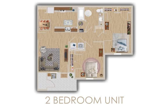 Floor Plan  A 2 bedroom unit with a living room, kitchen, and bathroom.
