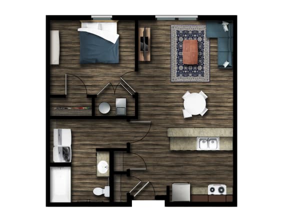 Floor Plan  a bedroom with a bed and a chair in a room