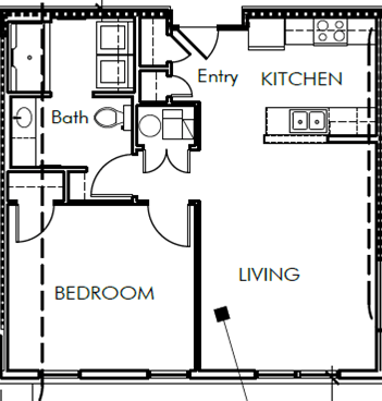 Floor Plan  A floor plan shows a bedroom, a living area, and a kitchen.