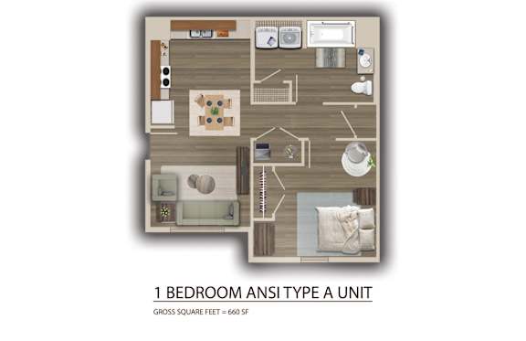 Floor Plan  A floor plan of a 1 bedroom apartment type a unit with a gross square feet of 660 sqf.