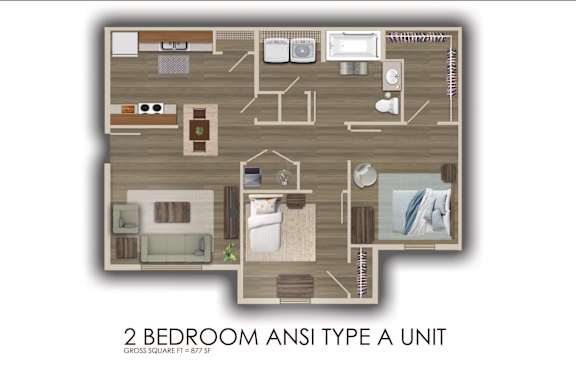 Floor Plan  A 2 bedroom apartment type a unit with a gross square footage of 877 sq ft.