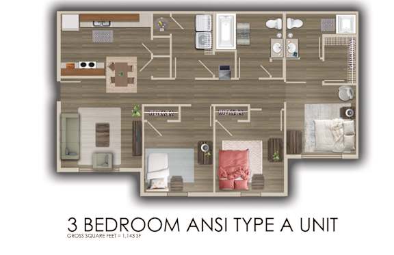Floor Plan  A 3 bedroom Ansi type a unit is shown in the image.