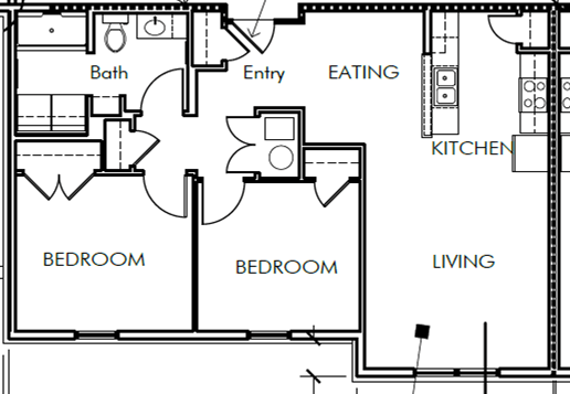 Floor Plan  A floor plan of a living space with a kitchen, two bedrooms, and an eating area.