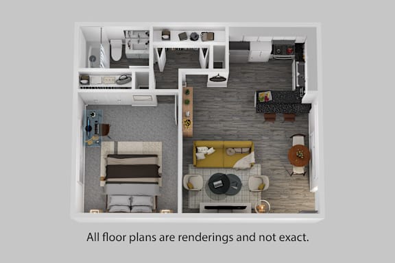 Floor Plan  A floor plan of a house with a kitchen, living room, and bathroom.