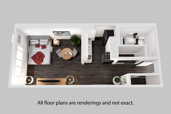 Floor Plan  an overhead view of a one bedroom apartment with a bed and a dining table