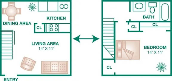 Floor Plan  A floor plan of a small apartment with a living area, kitchen, dining area, bedroom, and bathroom.