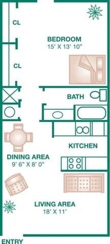Floor Plan  A floor plan of a small apartment with a bedroom, living area, kitchen, and dining area.