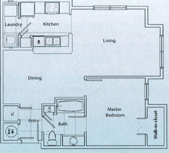 Floor Plan  A floor plan of a house with a laundry room, kitchen, dining room, bathroom, master bedroom, and a walk-in closet.