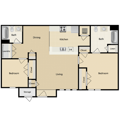 Floor Plan  A floor plan of a house with labeled rooms such as Bath, Dining, Kitchen, Living, Bedroom, Closet, Laundry, and Storage.