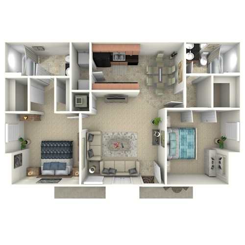 Floor Plan  A 3D rendered image of a small apartment layout.