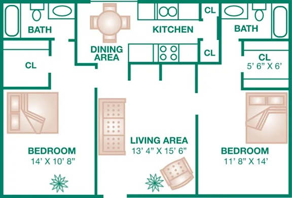 Floor Plan  A diagram shows the layout of a living area, two bedrooms, a kitchen, and a dining area.