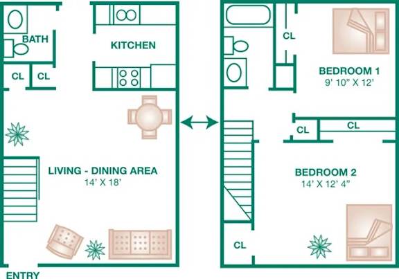 Floor Plan  A floor plan of a small apartment with two bedrooms and a living dining area.