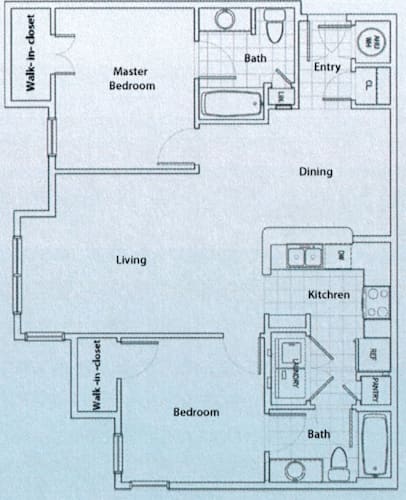 Floor Plan  A floor plan of a house with a living room, kitchen, two bedrooms, and a bathroom.