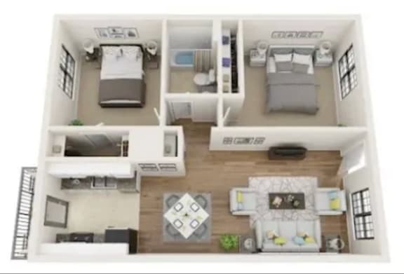 Floor Plan  A 3D floor plan of a house with two bedrooms, a living room, a kitchen, and a bathroom.