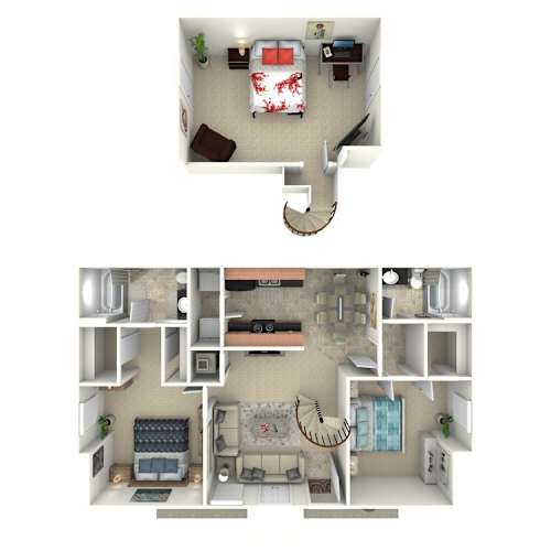 Floor Plan  A top and bottom view of a small apartment with a bedroom, living room, and kitchen.