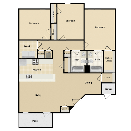Floor Plan  A floor plan of a house with three bedrooms, a living room, a kitchen, a dining area, a laundry room, a bathroom, a walk-in closet, and a patio.