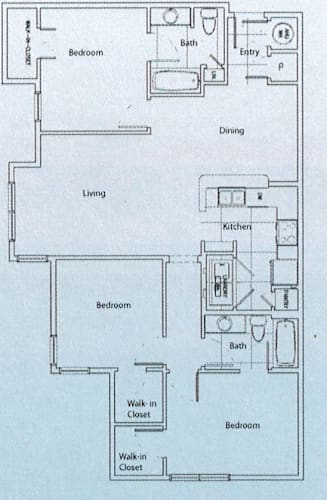 Floor Plan  A floor plan of a house with labeled rooms such as Bedroom, Bath, Dining, Living, Kitchen, Entry, Walk-in Closet, and two closets.