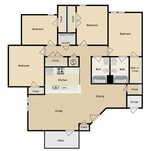 Floor Plan  A floor plan of a house with labeled rooms such as Bedroom, Bath, Kitchen, Dining, Living, and Patio.