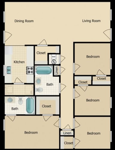 Floor Plan  A floor plan of a house with a kitchen, dining room, living room, and four bedrooms.