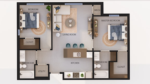 Floor Plan  A floor plan of a house with a master bedroom, living room, kitchen, and bathrooms.