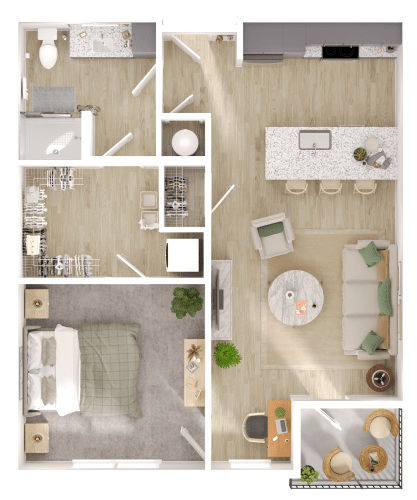 Floor Plan  a 1 bedroom floorplan of a bedroom with a bathroom and a living room