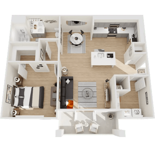 Floor Plan  A 3D floor plan of a house showing a kitchen, living room, and two bedrooms.