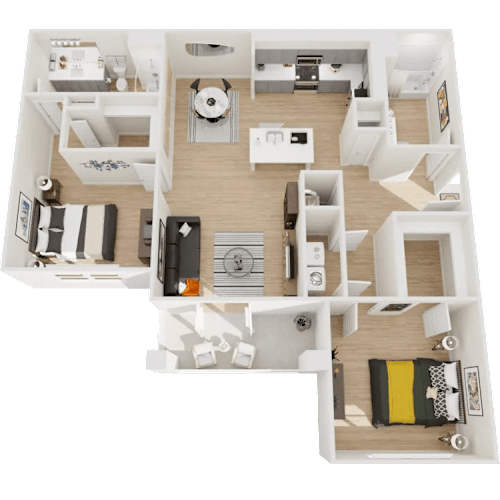 Floor Plan  A 3D floor plan of a small apartment with a kitchen, living room, and bedroom.