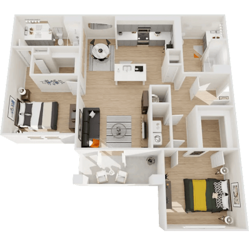 Floor Plan  A 3D floor plan of a small apartment with a kitchen, living room, and bedroom.