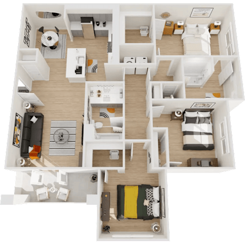 Floor Plan  A 3D floor plan of a house showing a kitchen, living room, two bedrooms, and a bathroom.