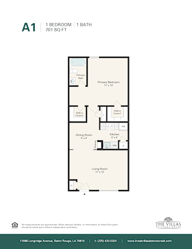 Floor Plan  A drawing of a floor plan for a one bedroom, one bath apartment.