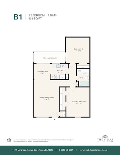 Floor Plan  A floor plan for a 2 bedroom, 1 bath apartment at The Villas.