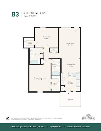 Floor Plan  A floor plan for a 2 bedroom, 2 bath apartment at The Villas.
