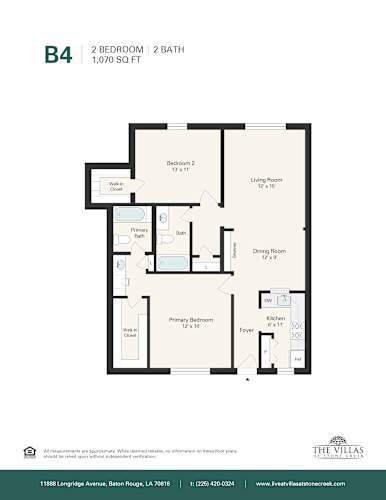 Floor Plan  A floor plan for a 2 bedroom, 2 bath apartment.